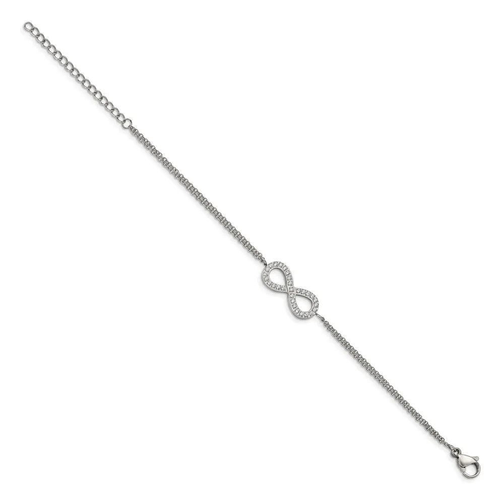 Stainless Steel Polished with CZ Infinity Symbol 6.25in w/2in ext. Bracelet
