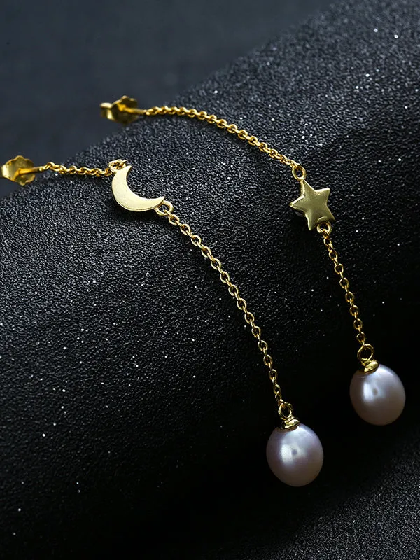 Star&Moon Pattern Pearl Earrings