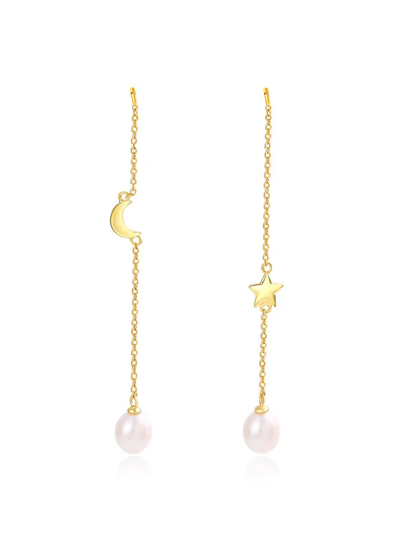 Star&Moon Pattern Pearl Earrings