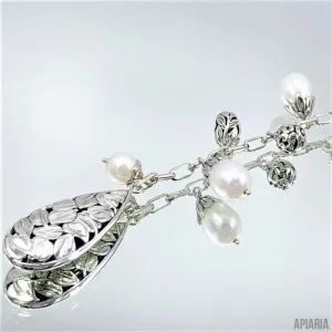 Sterling Silver & Freshwater Pearl Leaves Necklace and Matching Earrings Set