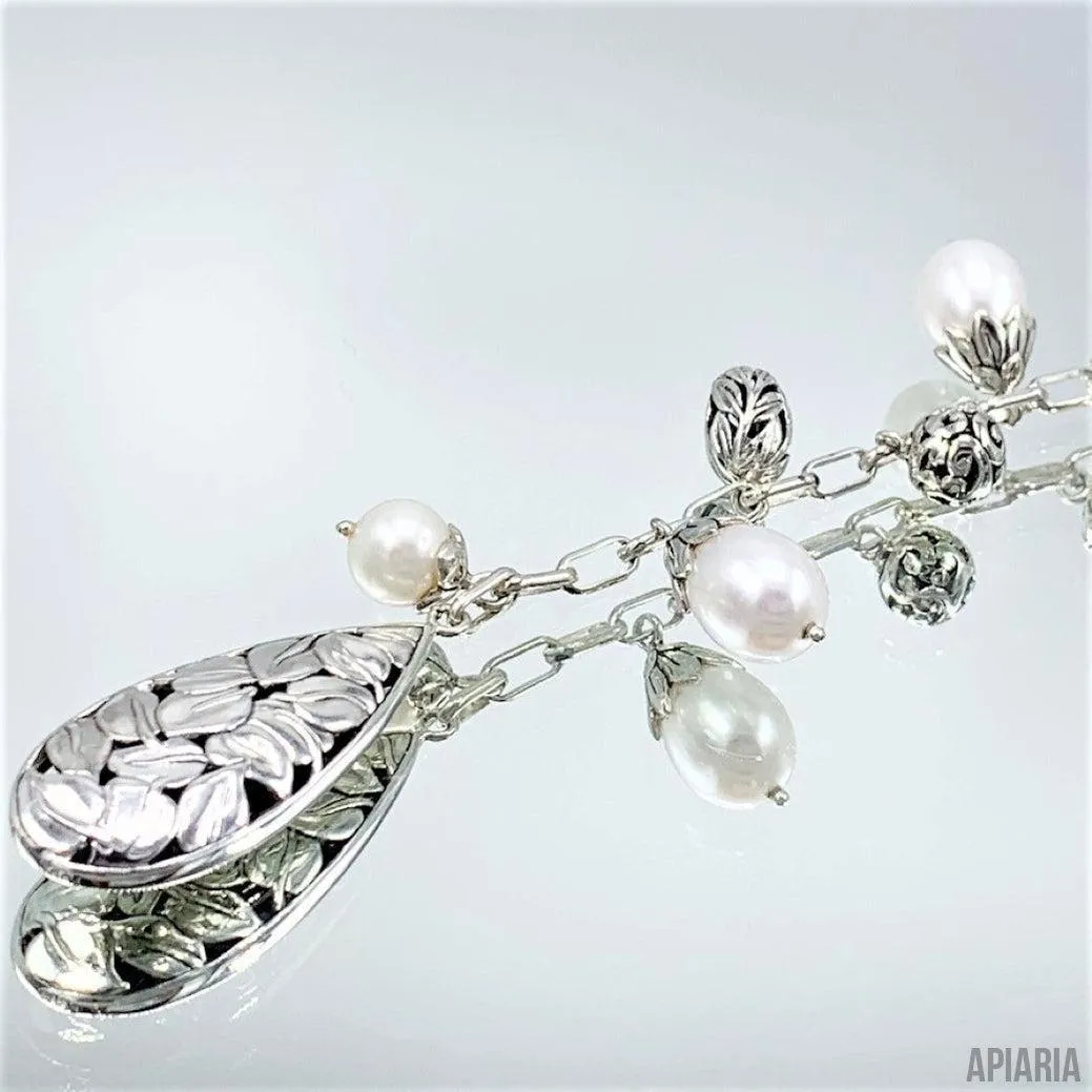 Sterling Silver & Freshwater Pearl Leaves Necklace and Matching Earrings Set