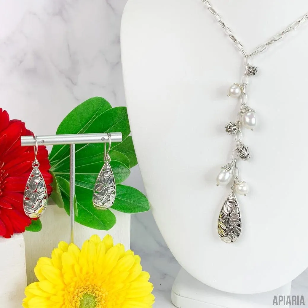 Sterling Silver & Freshwater Pearl Leaves Necklace and Matching Earrings Set