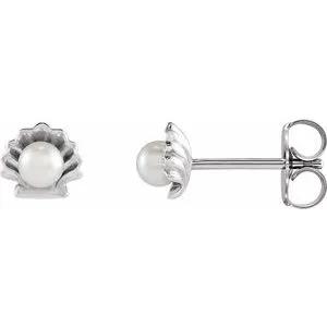 Sterling Silver Cultured White Seed Pearl Shell Earrings
