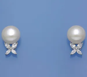 Sterling Silver Earrings with 10.5-11mm Button Shape Freshwater Pearl and Cubic Zirconia