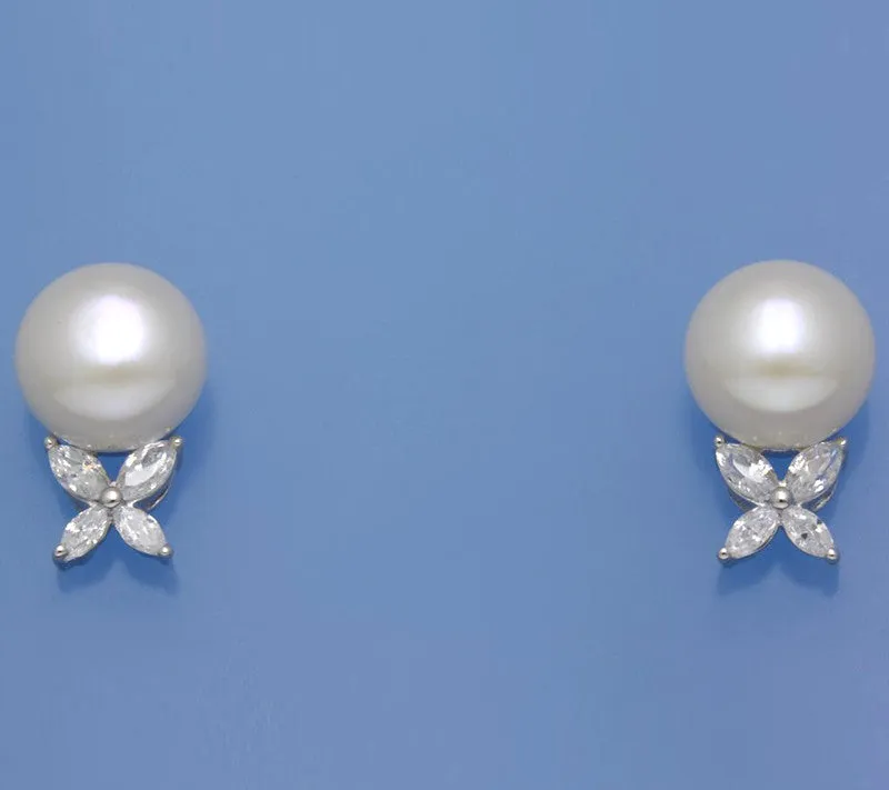 Sterling Silver Earrings with 10.5-11mm Button Shape Freshwater Pearl and Cubic Zirconia