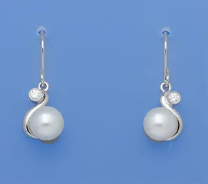 Sterling Silver Earrings with 7.5-8mm Button Shape Freshwater Pearl and Cubic Zirconia