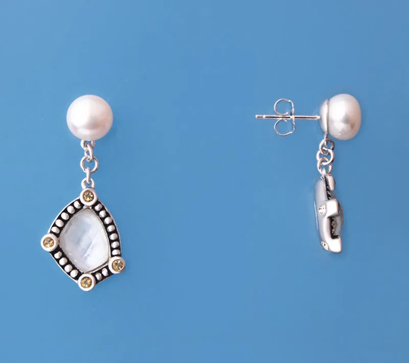 Sterling Silver Earrings with 8-8.5mm Button Shape Freshwater Pear and Mother of Pearl