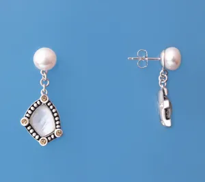 Sterling Silver Earrings with 8-8.5mm Button Shape Freshwater Pear and Mother of Pearl