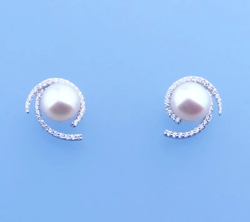 Sterling Silver Earrings with 8.5-9mm Button Shape Freshwater Pearl and Cubic Zirconia