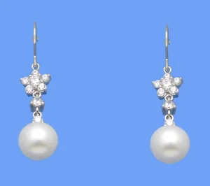 Sterling Silver Earrings with 9-9.5mm Button Shape Freshwater Pearl and Cubic Zirconia