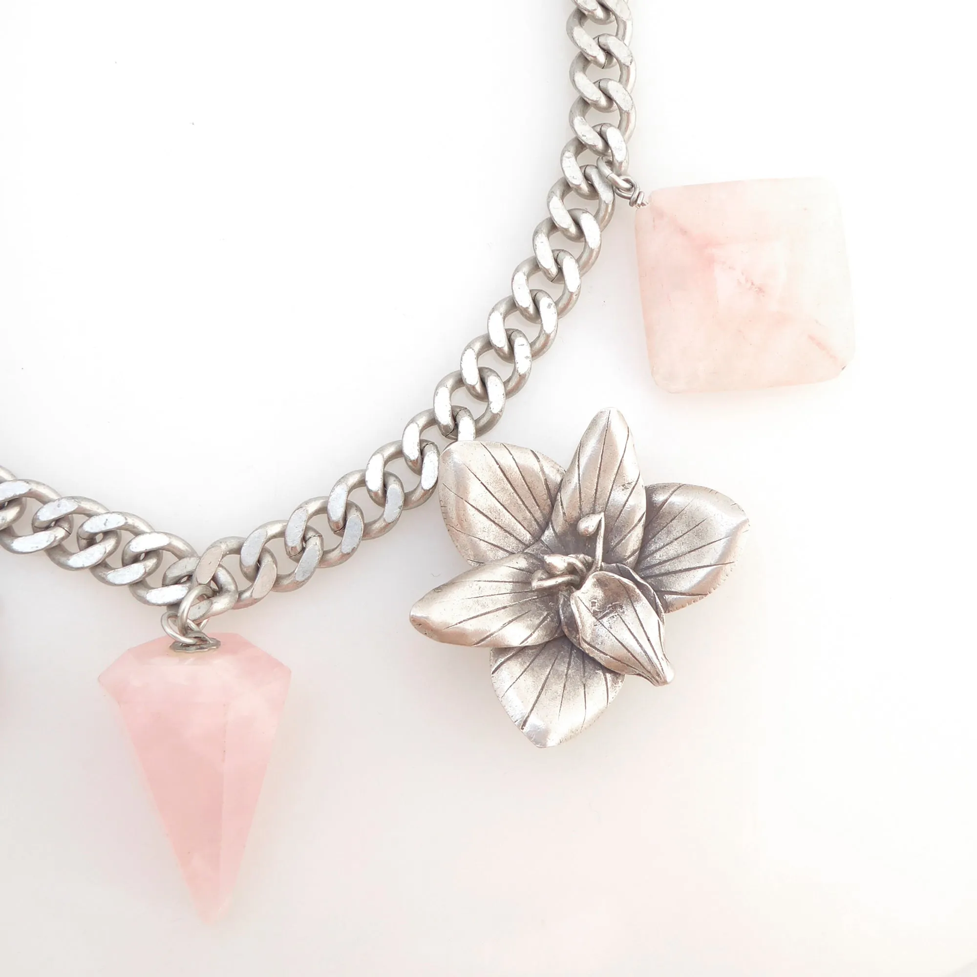 Sterling silver flower rose quartz necklace