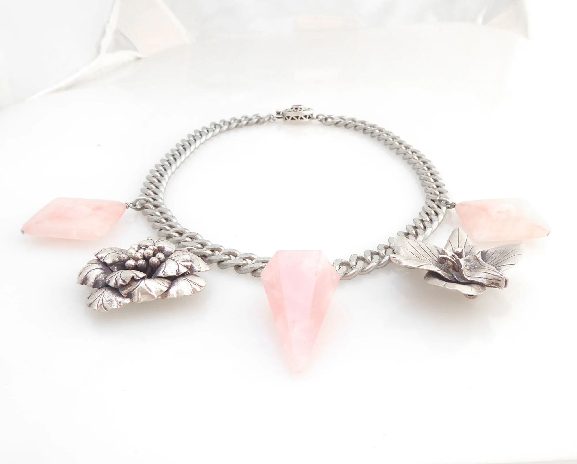 Sterling silver flower rose quartz necklace