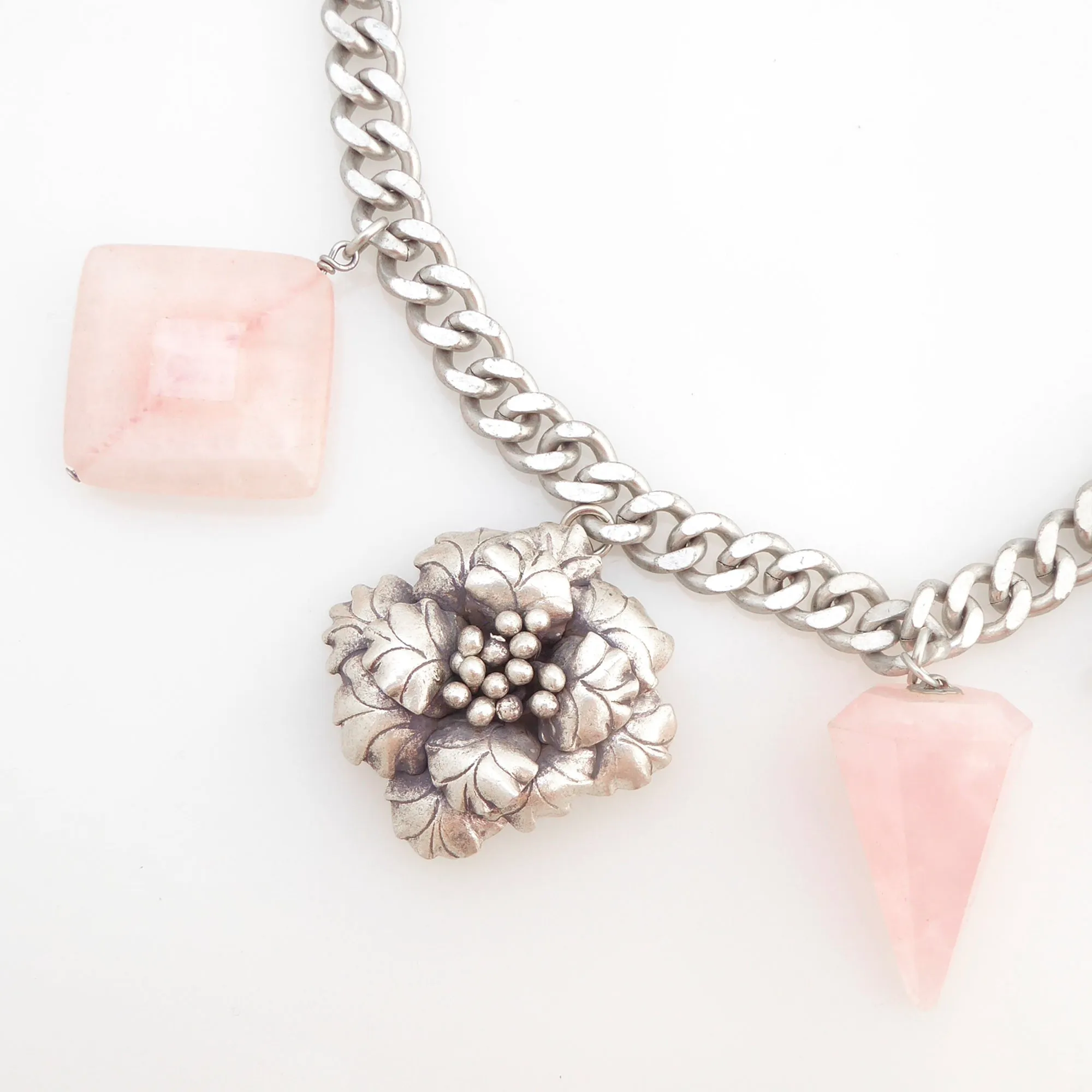 Sterling silver flower rose quartz necklace
