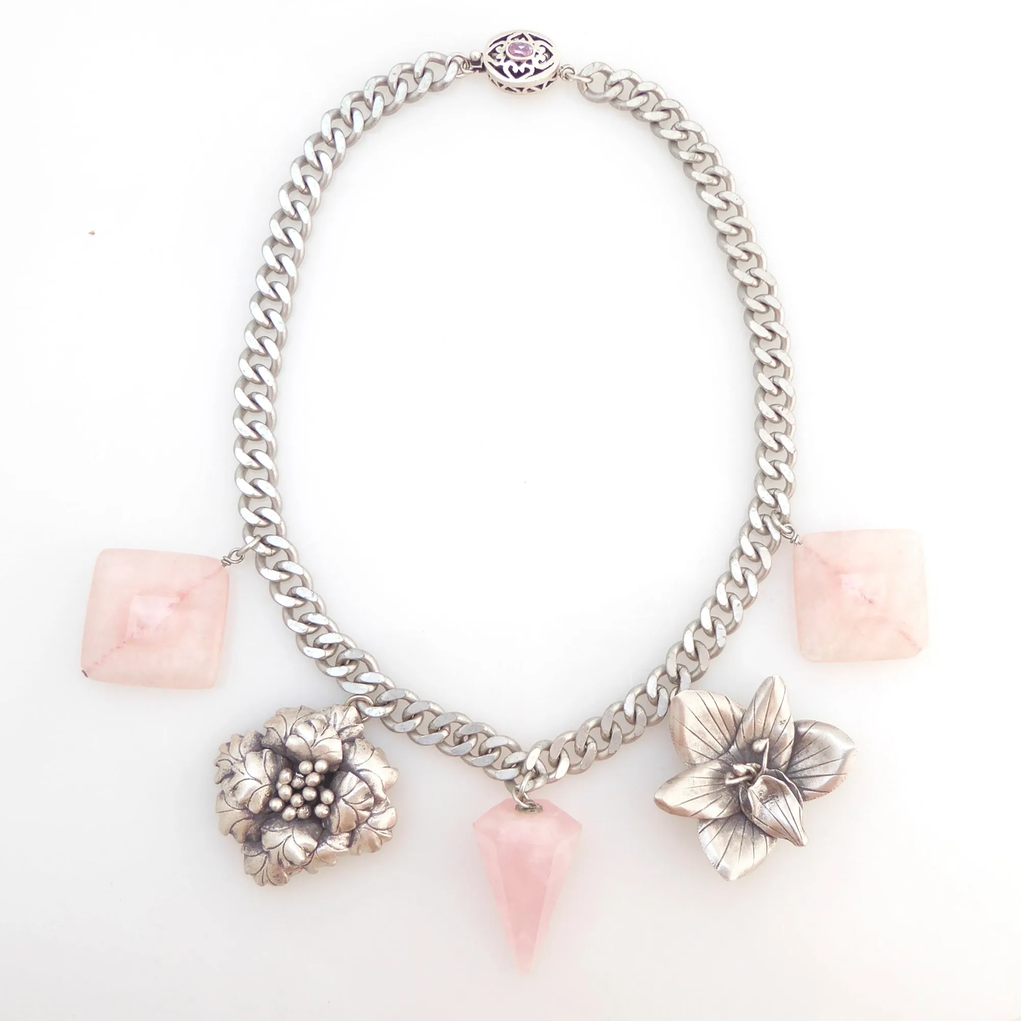 Sterling silver flower rose quartz necklace