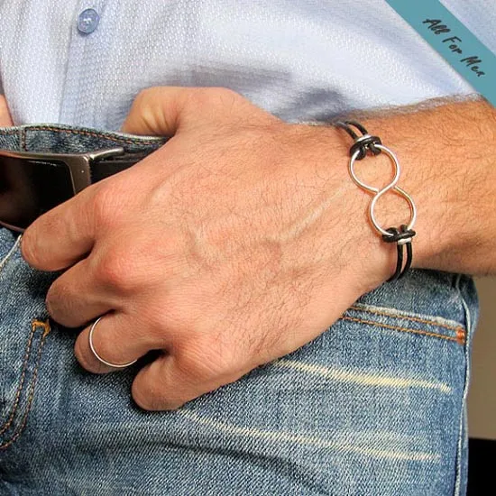 Sterling Silver Infinity Bracelet for Men with Leather Cords