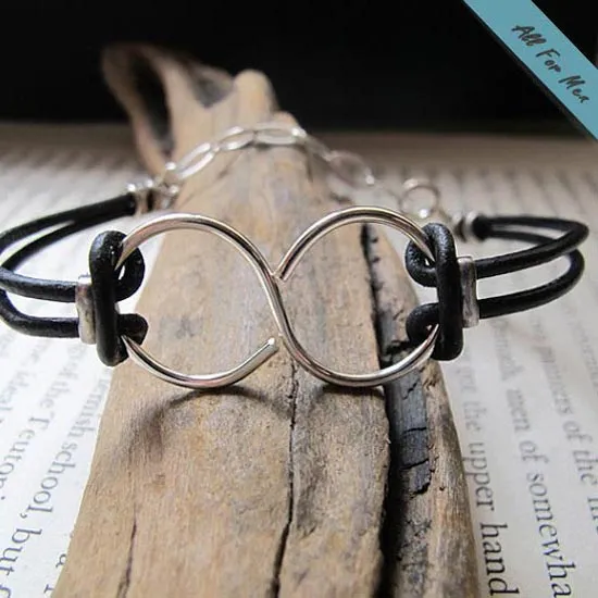 Sterling Silver Infinity Bracelet for Men with Leather Cords