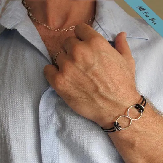 Sterling Silver Infinity Bracelet for Men with Leather Cords