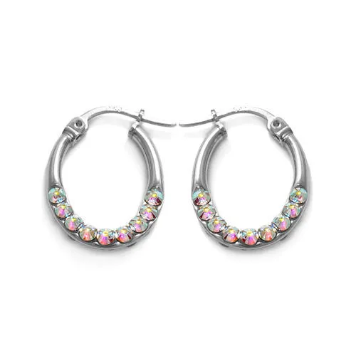 Sterling Silver Rainbow Crystal Oval Hoop Earrings 21mm