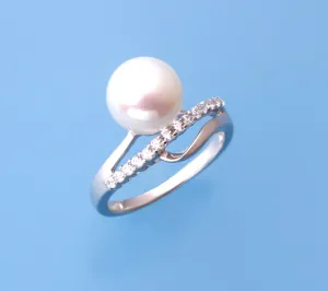 Sterling Silver Ring with 9-9.5mm Button Shape Freshwater Pearl and Cubic Zirconia