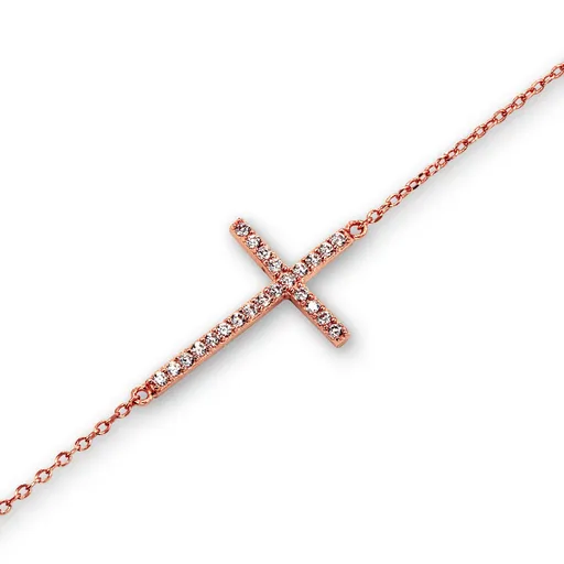 Sterling Silver Rose Gold Plated CZ Sideway Cross Bracelet