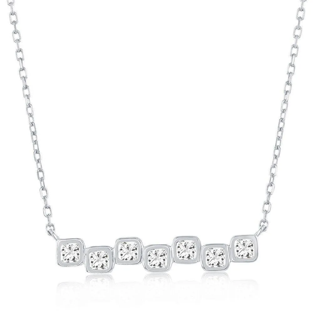 Sterling Silver, Square Bezel-Set CZ Bar Necklace