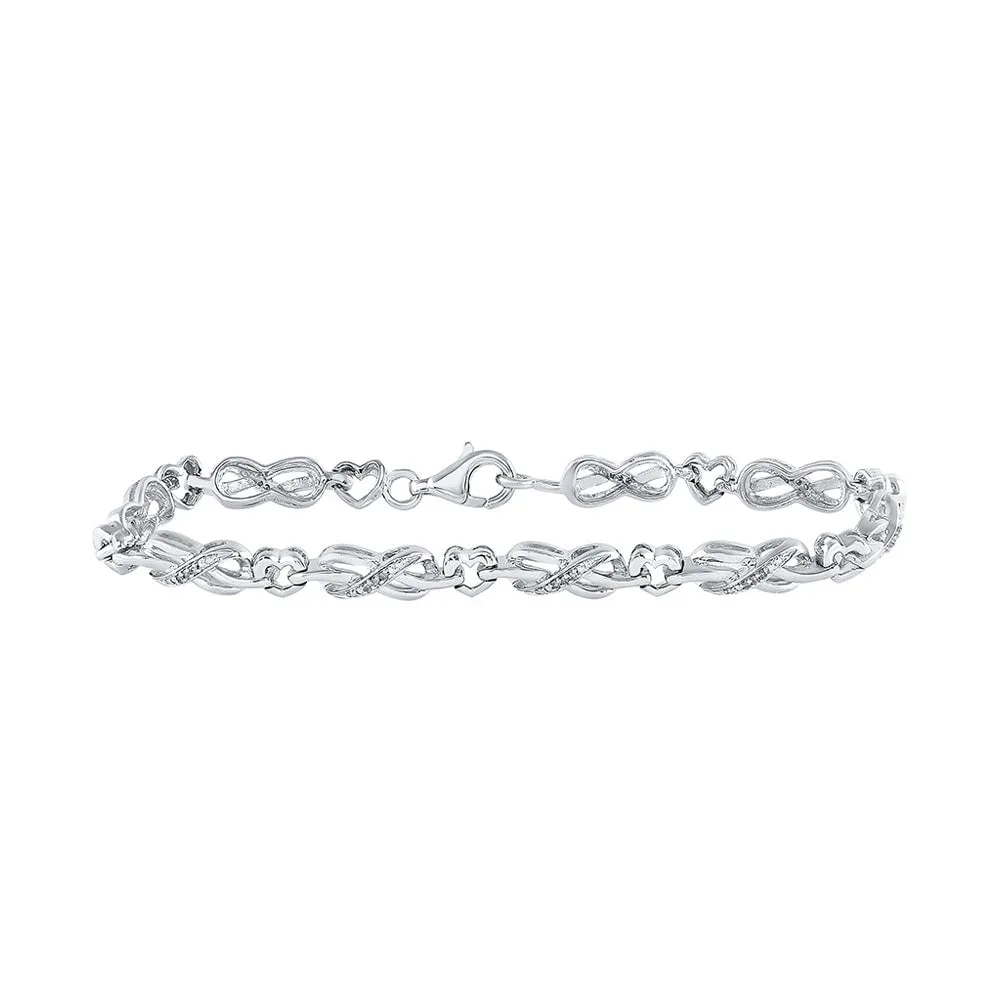Sterling Silver Womens Round Diamond Infinity Heart Bracelet 1/10 Cttw