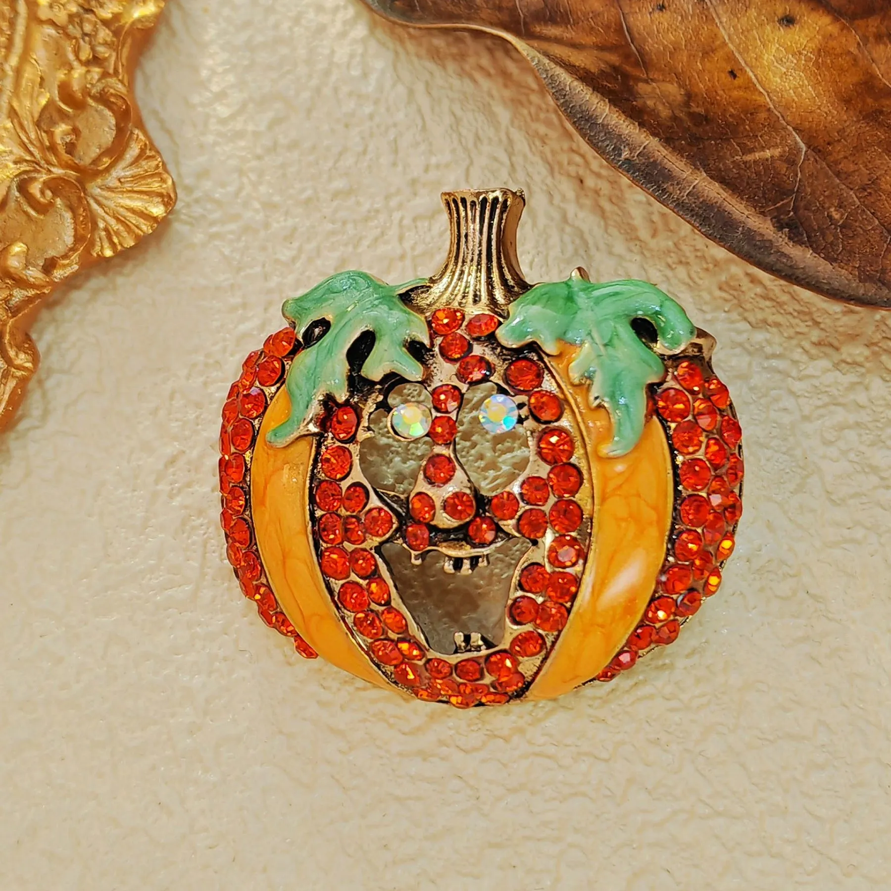 Stunning Enamel & Crystal Scary Pumpkin Brooch Pin Halloween Festival Jewelry