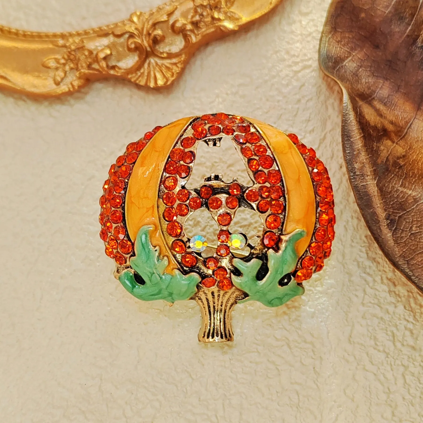 Stunning Enamel & Crystal Scary Pumpkin Brooch Pin Halloween Festival Jewelry
