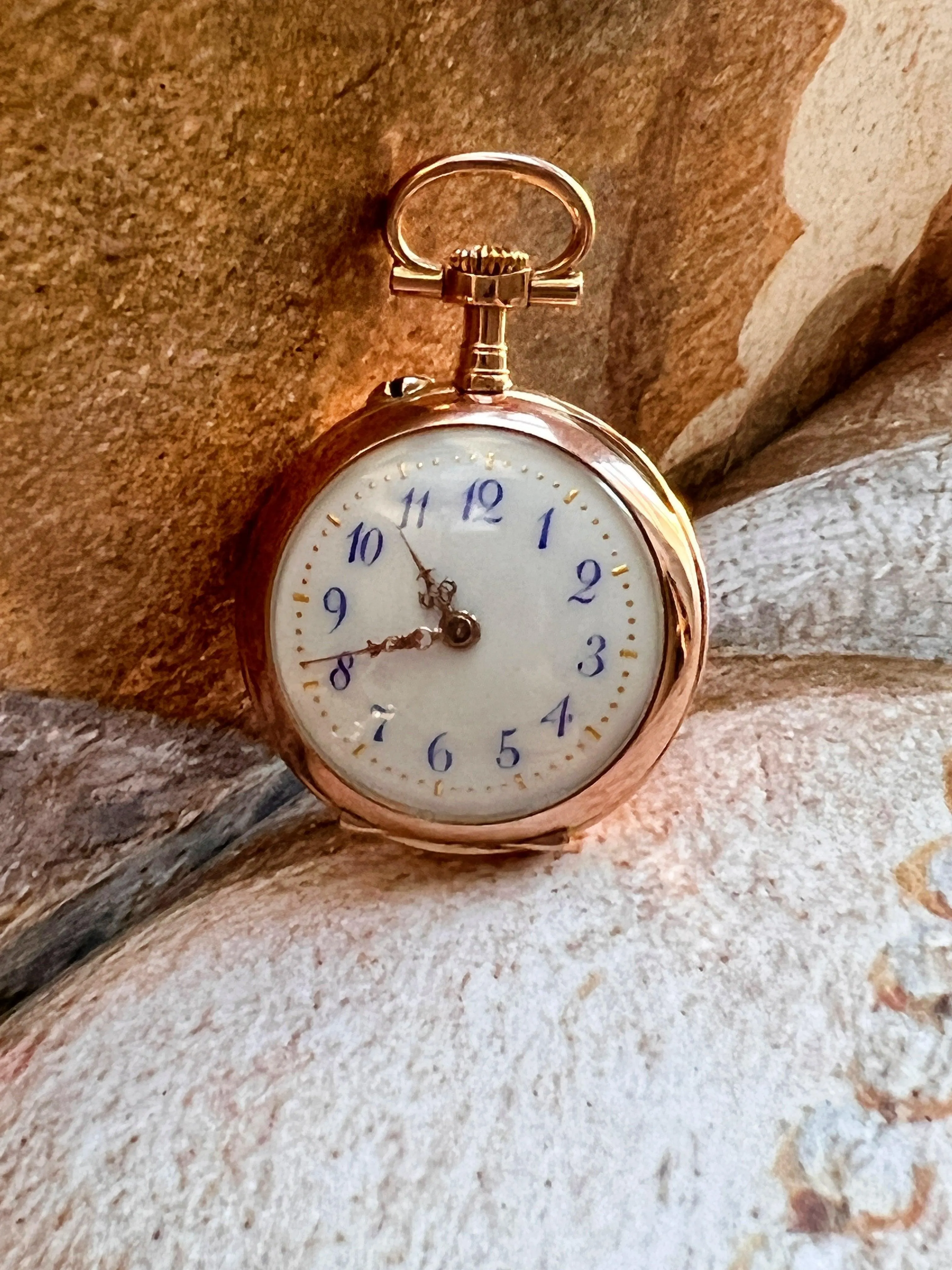 Stunning French Antique 18K gold diamond enameled cherub pocket watch pendant