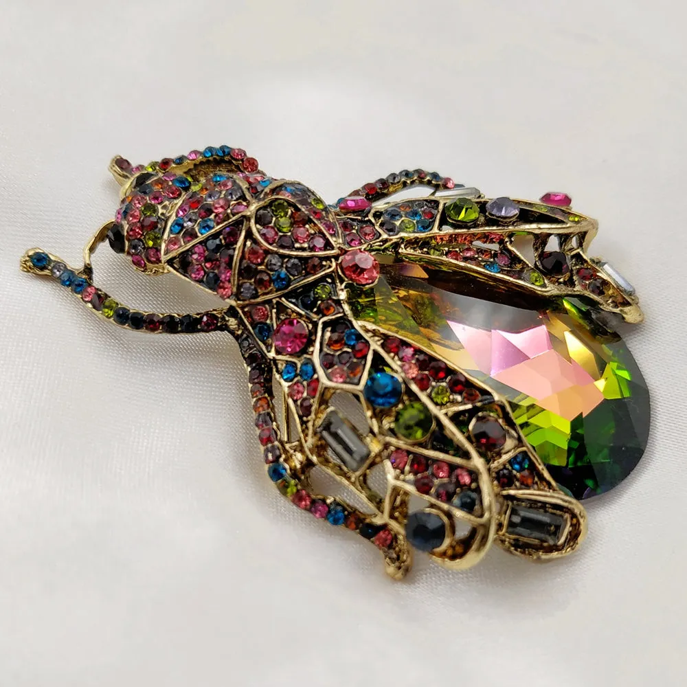 Stunning Red Rainbow Colored Rhinestone Cicada Brooch Beetle Pin