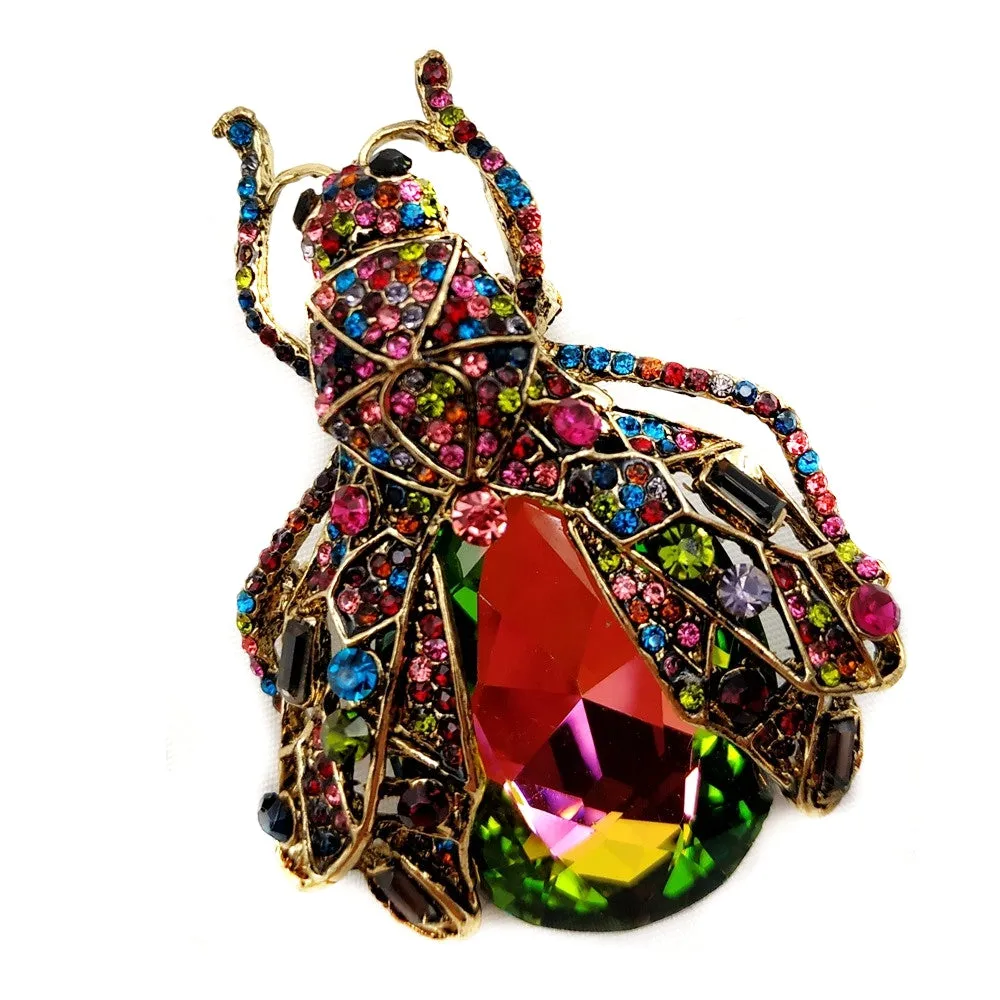 Stunning Red Rainbow Colored Rhinestone Cicada Brooch Beetle Pin