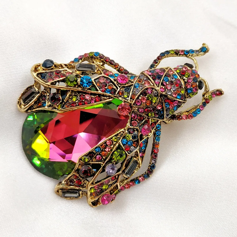 Stunning Red Rainbow Colored Rhinestone Cicada Brooch Beetle Pin
