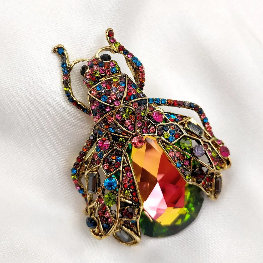 Stunning Red Rainbow Colored Rhinestone Cicada Brooch Beetle Pin