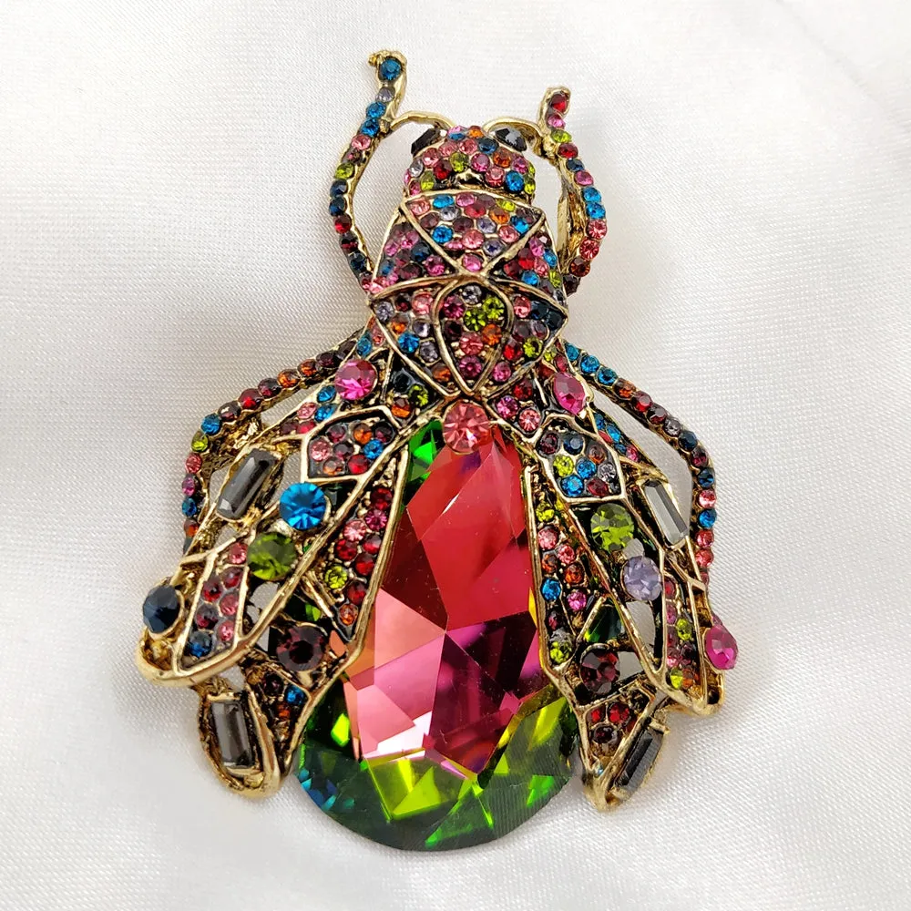 Stunning Red Rainbow Colored Rhinestone Cicada Brooch Beetle Pin