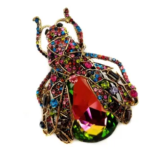 Stunning Red Rainbow Colored Rhinestone Cicada Brooch Beetle Pin