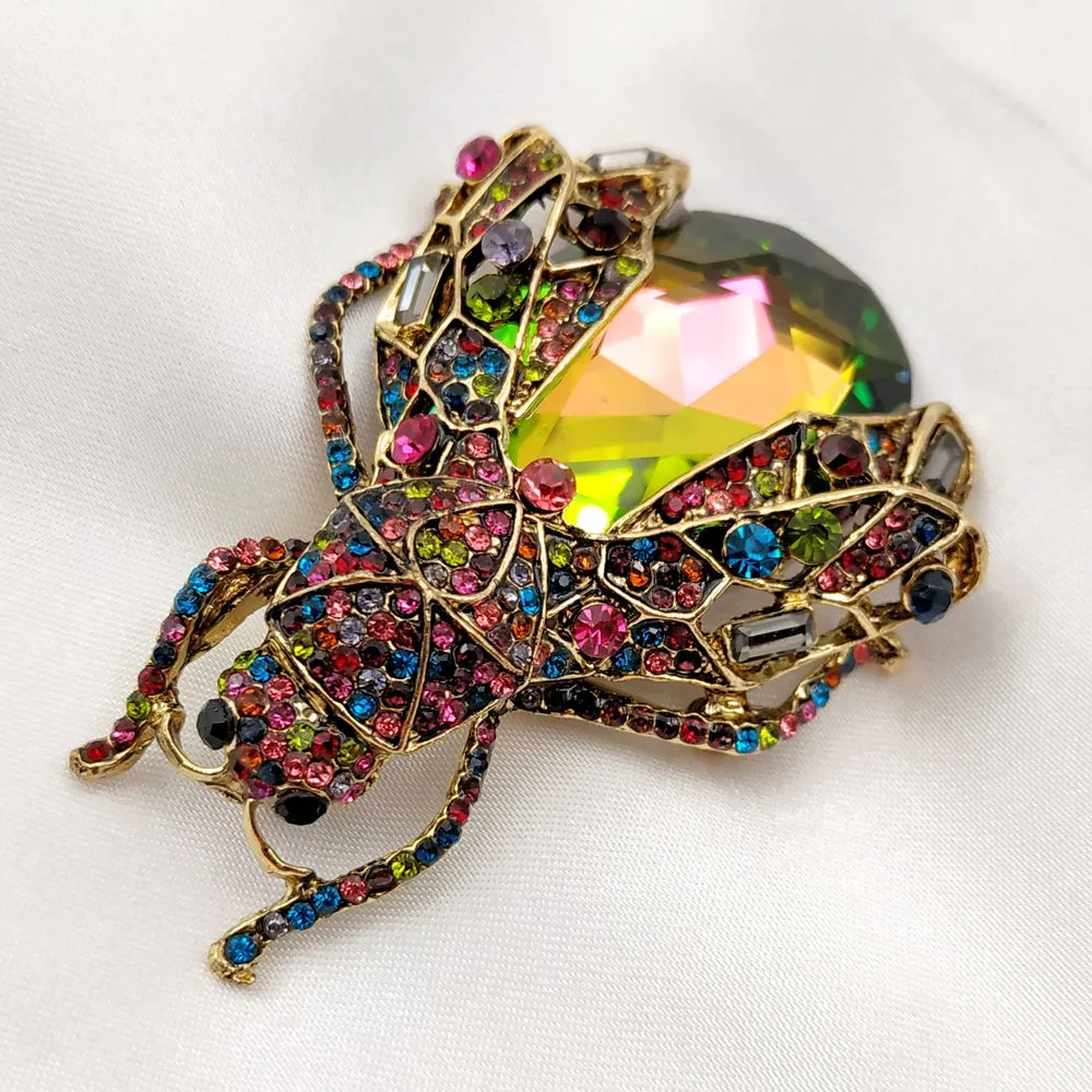 Stunning Red Rainbow Colored Rhinestone Cicada Brooch Beetle Pin
