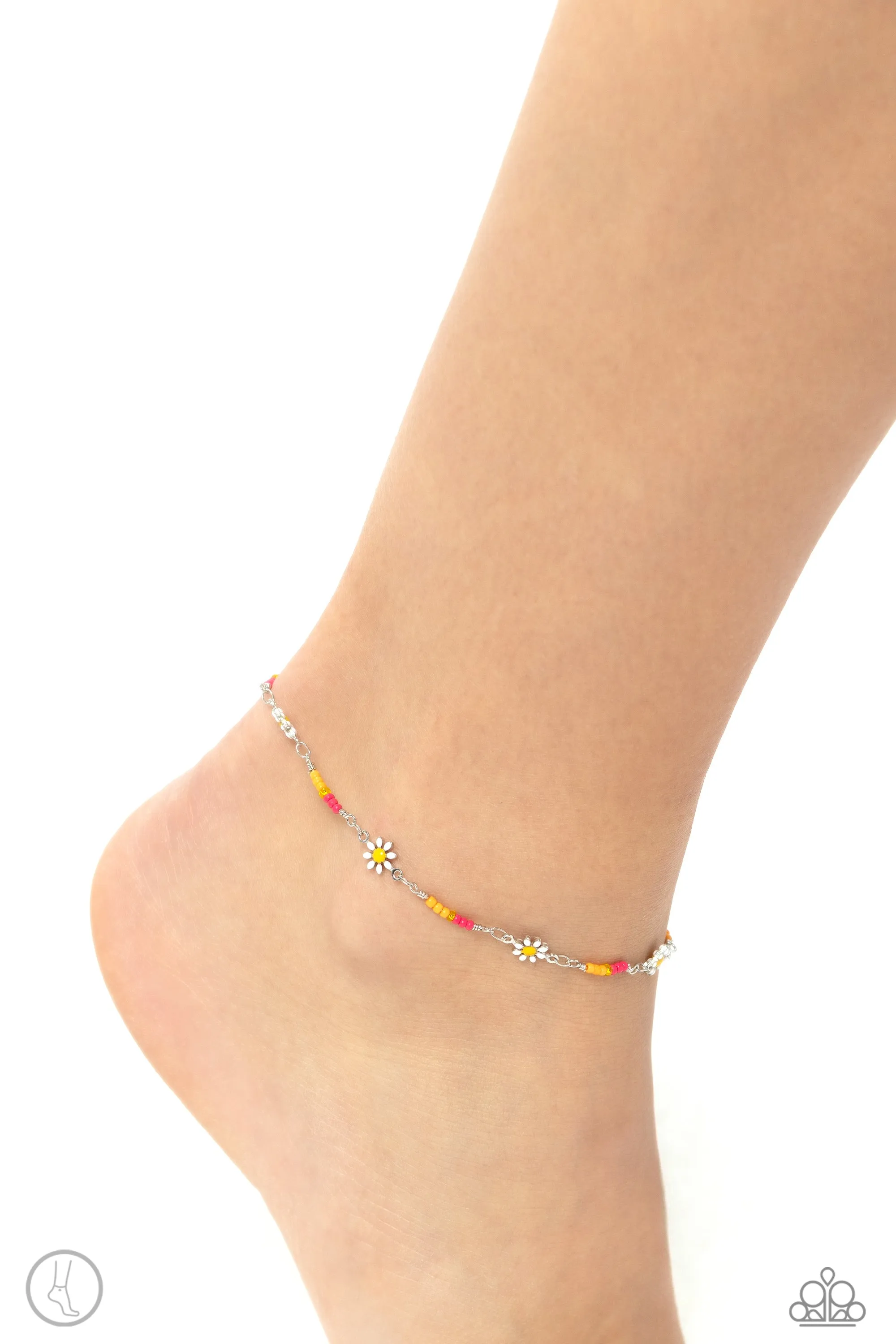 Sweetest Daydream - Pink - Orange, and Yellow Seed Bead Daisy Flower Paparazzi Anklet
