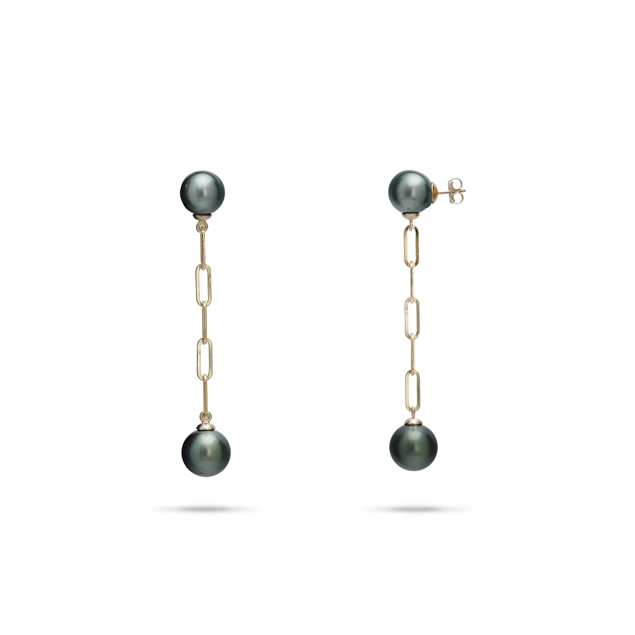 Tahitian Black Pearl Paperclip Chain Earrings in Gold - 9-10mm