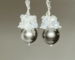 Tahitian Pearl Moonstone Cluster Earrings Sterling Silver