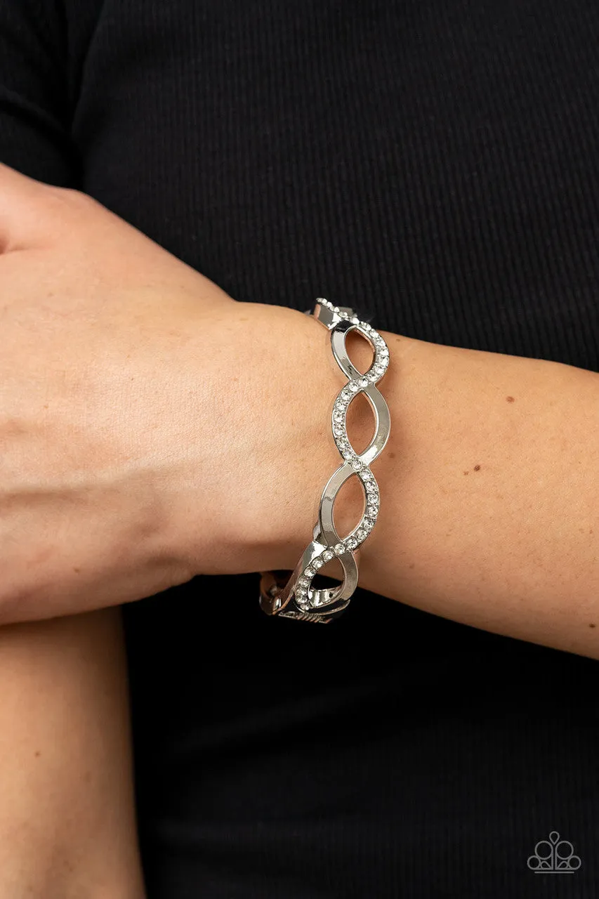 Tailored Twinkle - White - Silver Intertwining Bars Rhinestone Paparazzi Hinge Bracelet
