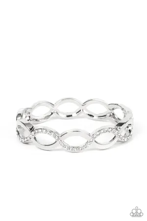Tailored Twinkle - White - Silver Intertwining Bars Rhinestone Paparazzi Hinge Bracelet