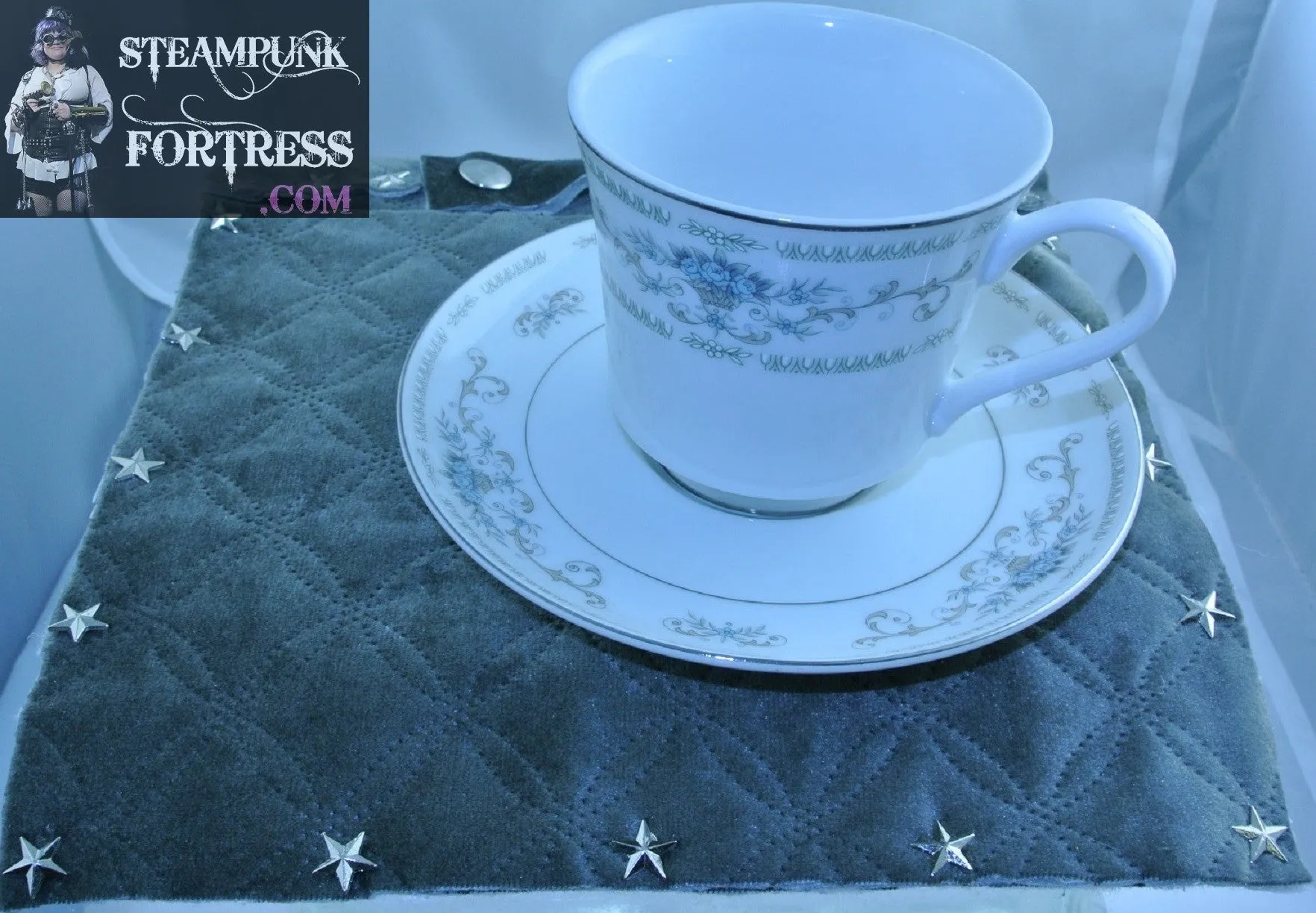 TEA CUP HOLDER QUILTED SILVER STAR RIVETS BLUE WHITE DIANE SET HOLSTER SAUCER TEA DUELING DUELLING STARR WILDE STEAMPUNK FORTRESS COSPLAY COSTUME