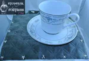 TEA CUP HOLDER QUILTED SILVER STAR RIVETS BLUE WHITE DIANE SET HOLSTER SAUCER TEA DUELING DUELLING STARR WILDE STEAMPUNK FORTRESS COSPLAY COSTUME