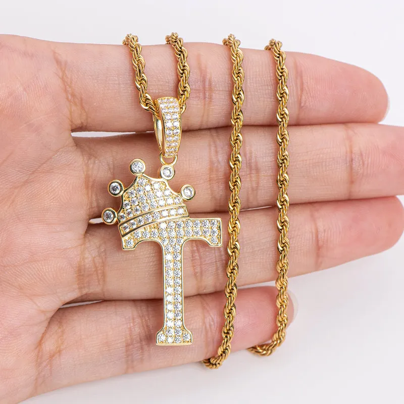 The Letter T Created Diamond Crown Hip Hop Rope Chain Pendant Necklace 23.62''