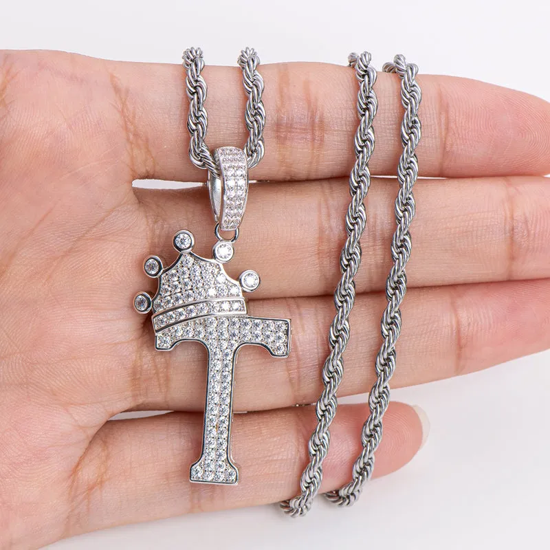 The Letter T Created Diamond Crown Hip Hop Rope Chain Pendant Necklace 23.62''