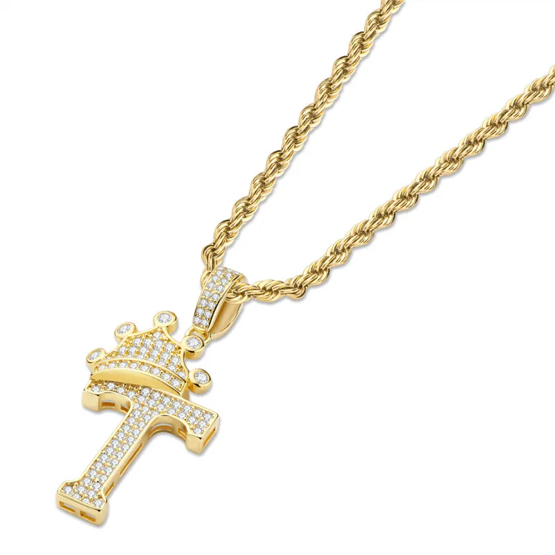 The Letter T Created Diamond Crown Hip Hop Rope Chain Pendant Necklace 23.62''