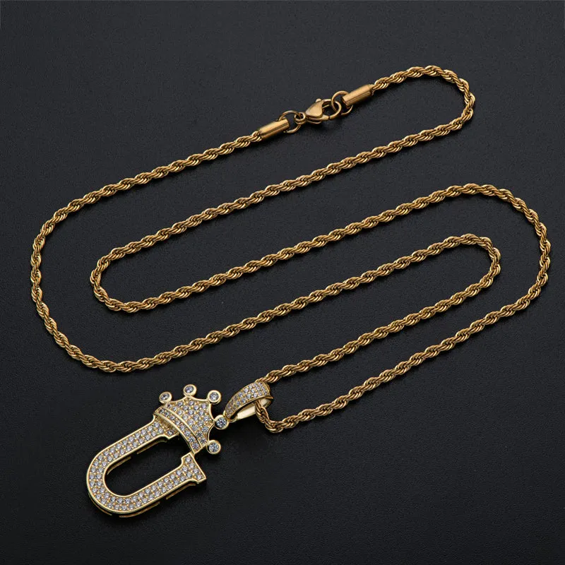 The Letter U Created Diamond Crown Hip Hop Rope Chain Pendant Necklace