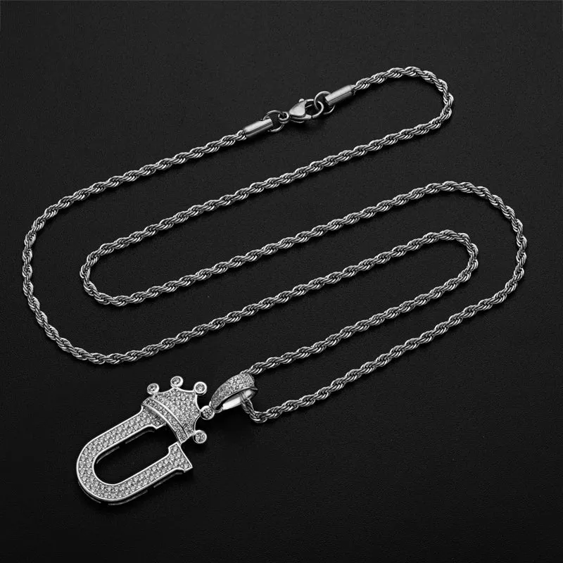 The Letter U Created Diamond Crown Hip Hop Rope Chain Pendant Necklace