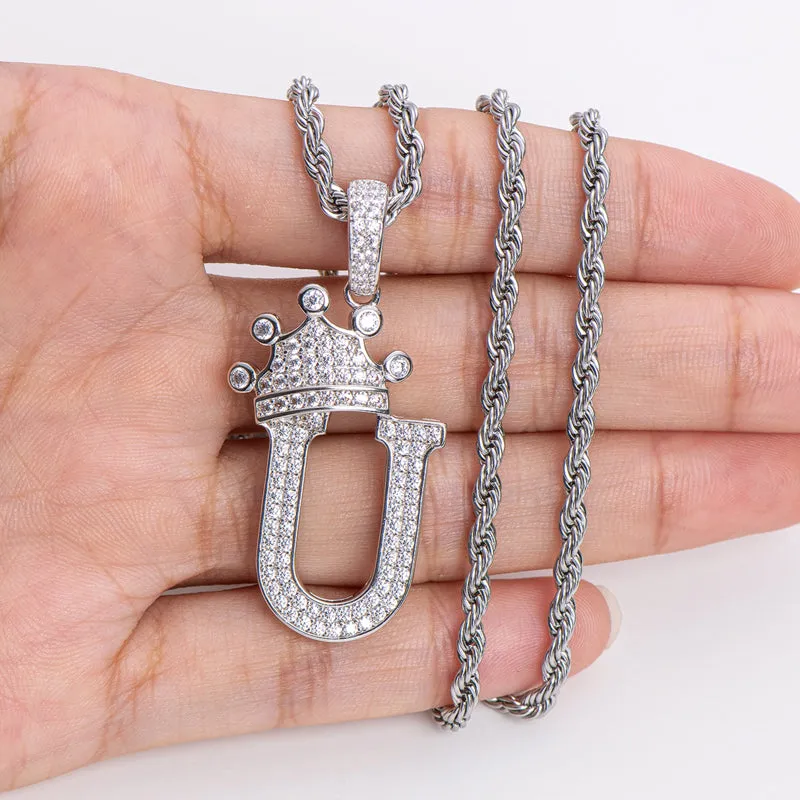 The Letter U Created Diamond Crown Hip Hop Rope Chain Pendant Necklace