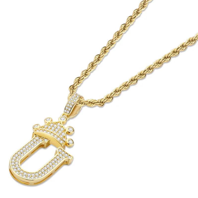 The Letter U Created Diamond Crown Hip Hop Rope Chain Pendant Necklace